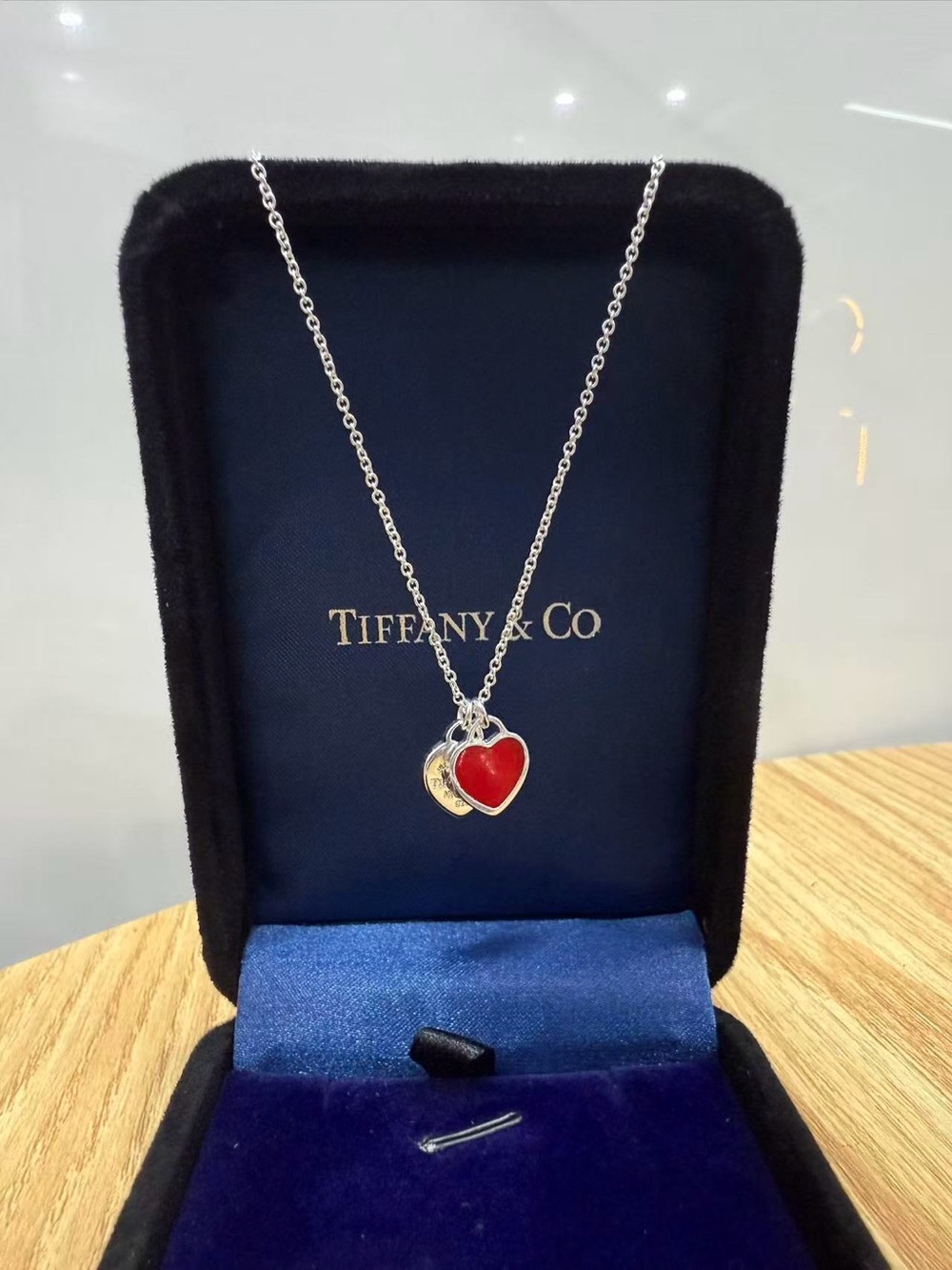Tiffany & Co. . Silver Heart Pendant Necklace with Red Enamel Charm
